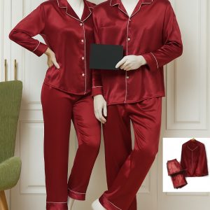 Classic Couple Night Suit Silk Satin Pajama Set  Long Sleeve Top & Full-Length Pants (4 Pcs) | DC-C007