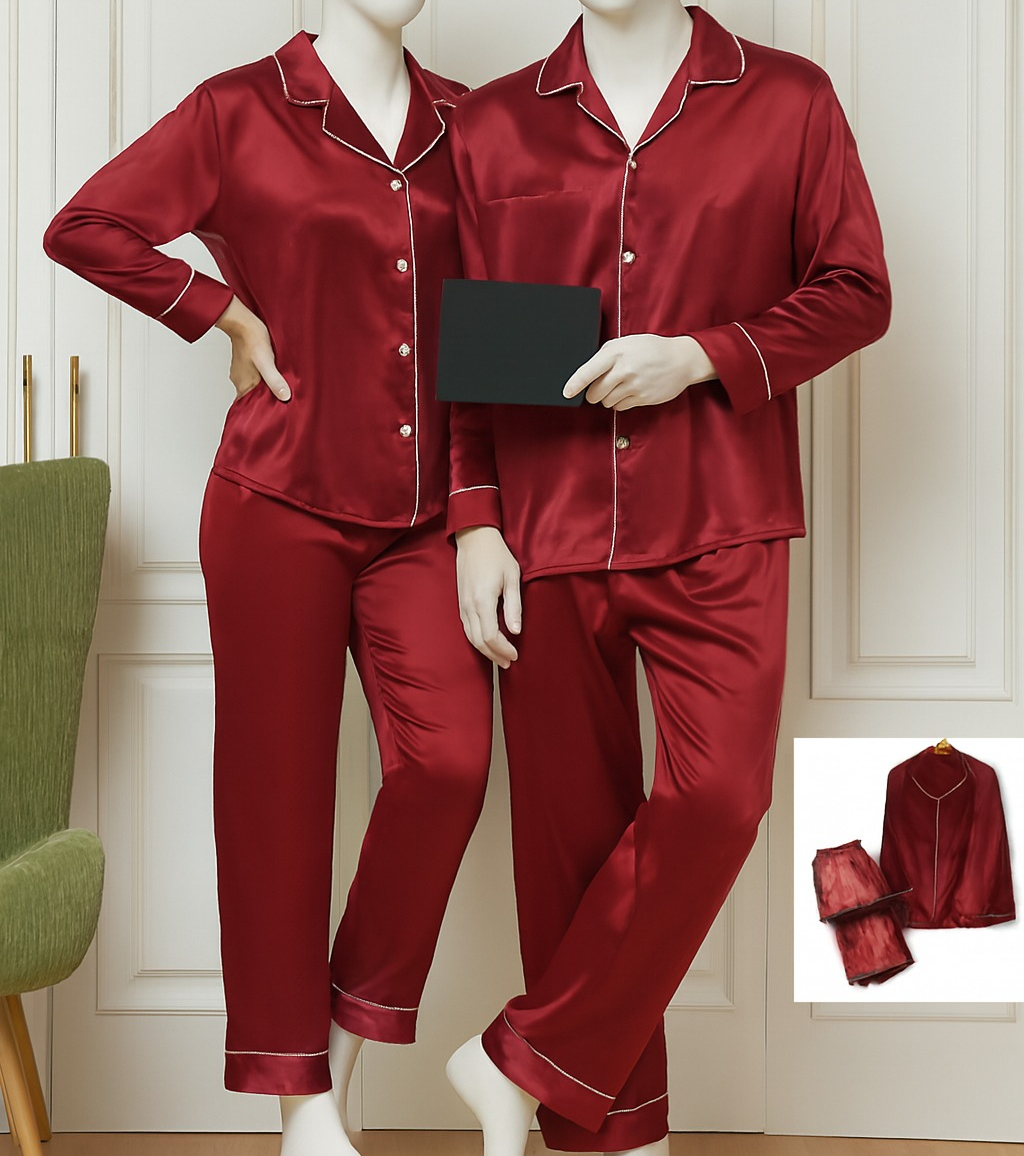 Classic Couple Night Suit Silk Satin Pajama Set Long Sleeve Top & Full-Length Pants (4 Pcs) | DC-C007