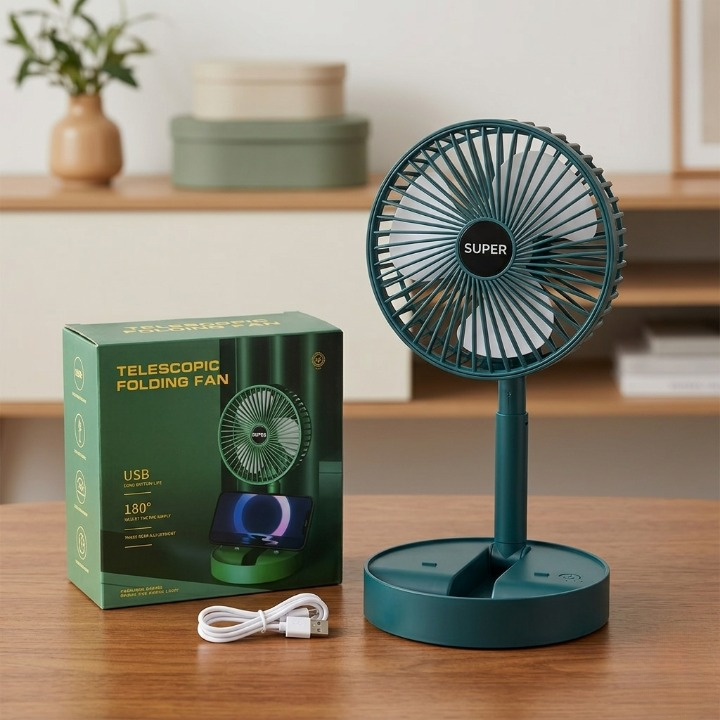 Super Telescopic Folding Fan Portable USB Rechargeable Desk Fan with 180° Adjustable Air Supply
