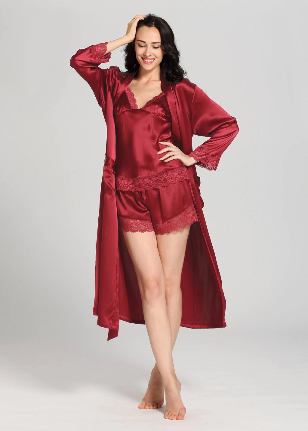 Maroon Bridal Satin 3-Piece Nightwear Set for Women