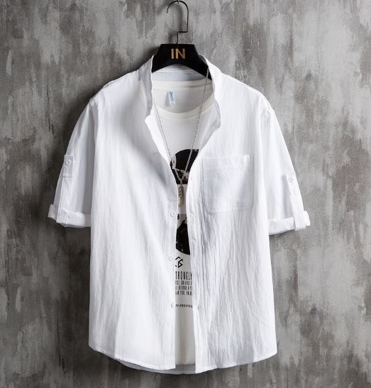 Men Plus Size Solid Green Short Sleeve Shirt Summer Cotton - Image 3
