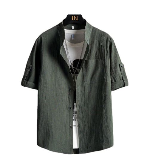Men Plus Size Solid Green Short Sleeve Shirt Summer Cotton - Image 4
