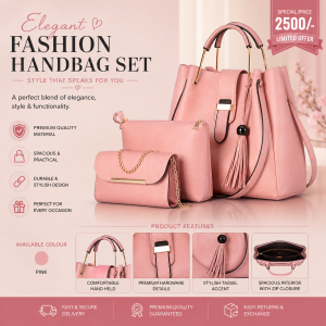 3-Piece Pink Rexine Handbag Set for Women with Gold Hardware – Stylish Shoulder Bag, Handbag & Matching Accessories for Office, Shopping & Daily Use