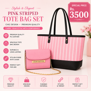 Pink Striped Tote Bag & Chain Purse Set for Girls | Premium Women's Shoulder Handbag with Matching Chain Pouch for Daily Use