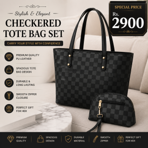 Women's Black Checkered Leather Handbag Set | Premium PU Leather Shoulder Bag Set for Office, Shopping & Daily Use