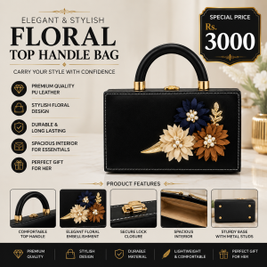 Black Floral Embellished Handbag for Women | Premium PU Leather Shoulder Bag for Office, Shopping & Daily Use