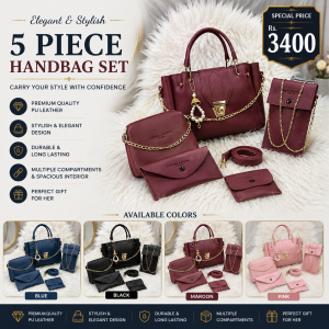 Maroon Leather 5-Piece Handbag Set for Girls | Premium PU Leather Handbag, Shoulder Bag, Wallet & Accessories Set for Daily Use