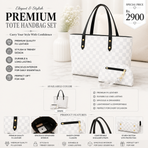 Women's White Checkered Leather Handbag Set 2 Pcs with Top Handle | Premium PU Leather Shoulder Bag & Wallet for Office, Shopping & Daily Use
