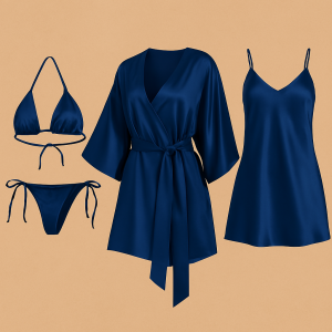 4 PCs-Style Satin Lingerie Set  Bikini, Slip Dress & Robe Combo  Free Size (DC-4001)
