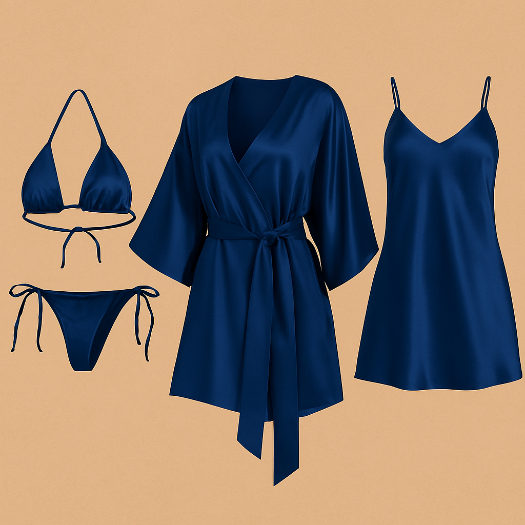 4 PCs-Style Satin Lingerie Set Bikini, Slip Dress & Robe Combo Free Size (DC-4001)