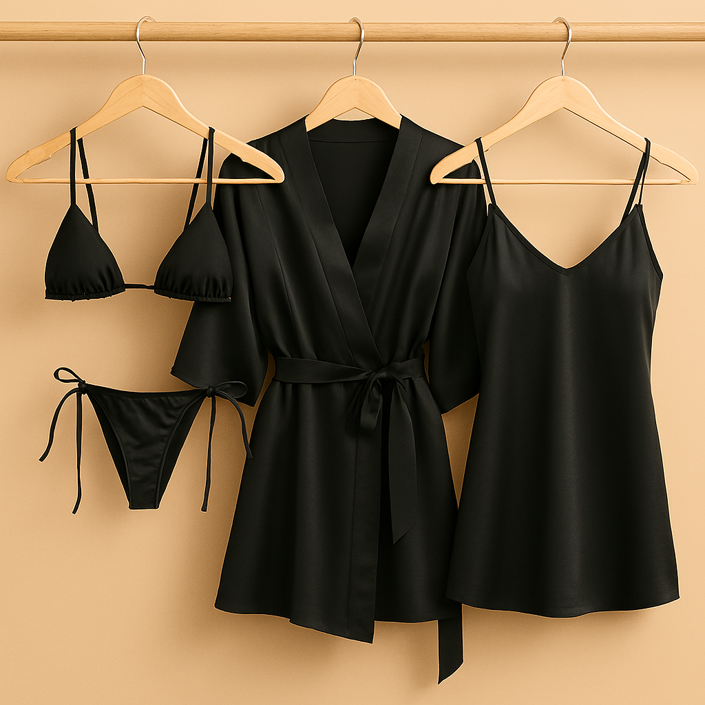 4 PCs-Style Satin Lingerie Set Bikini, Slip Dress & Robe Combo Free Size (DC-4001) - Image 3