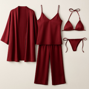 5-Piece Satin Sleepwear Set  Robe, Camisole, Pants & Bikini Nightwear ( DC-5002)