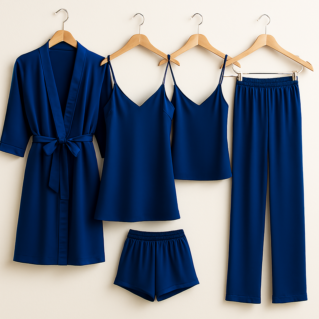 5-Piece Satin Sleepwear Set Robe, Camisole, Shorts, Pants & Slip Dress Free Size (DC-5003)