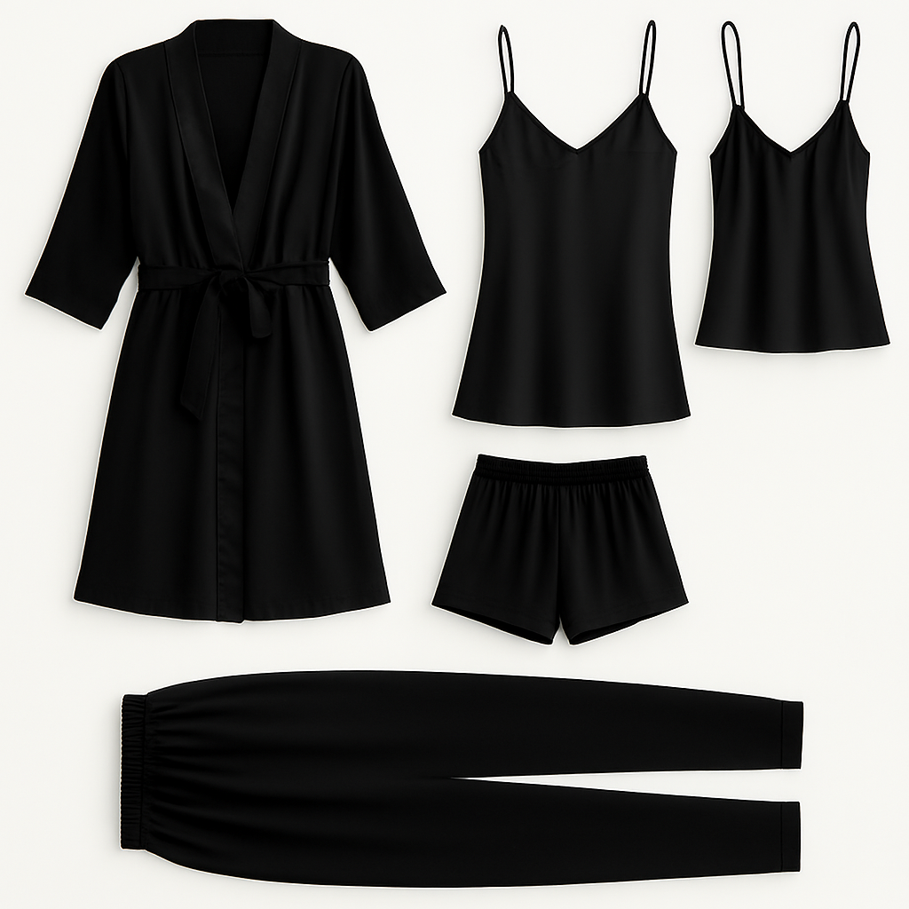 5-Piece Satin Sleepwear Set Robe, Camisole, Shorts, Pants & Slip Dress Free Size (DC-5003) - Image 3