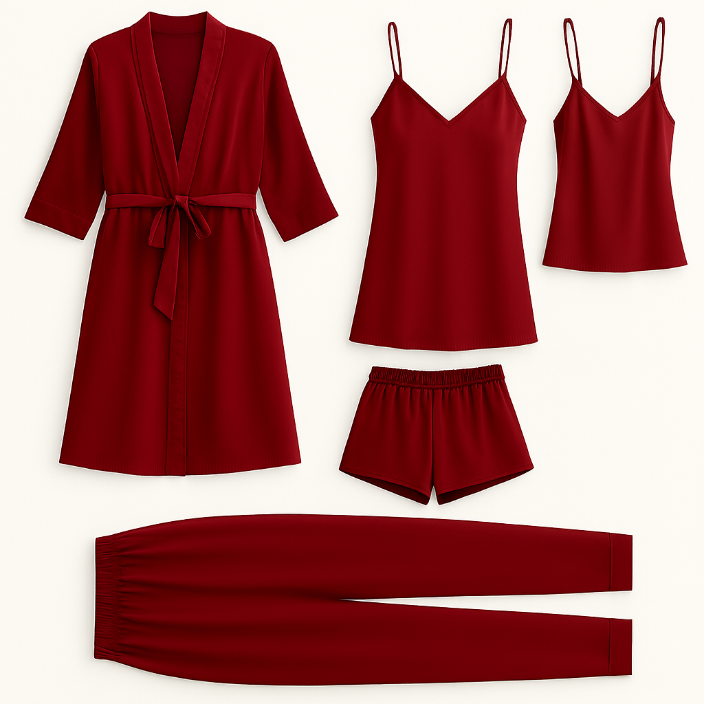 5-Piece Satin Sleepwear Set Robe, Camisole, Shorts, Pants & Slip Dress Free Size (DC-5003) - Image 2