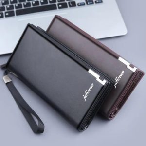Men's Premium Leather Long Wallet with Zipper Pocket, Wrist Strap, Large Capacity Bifold Clutch Wallet, RFID Blocking Organizer for Cash, Cards & Phone – Black/Brown