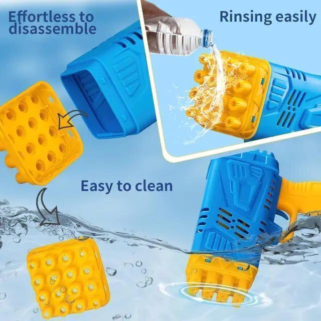 Blue Yellow Bubble Gun for Kids | Automatic Bubble Blaster Toy with Bubble Tray | Outdoor Summer Bubble Machine | Battery Operated Bubble Gun Pakistan - Image 3