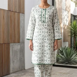 Women White Printed 2 Pcs Arabic Lawn Suit Set – Elegant Summer Casual Outfit with Stylish Printed Shirt & Trouser
