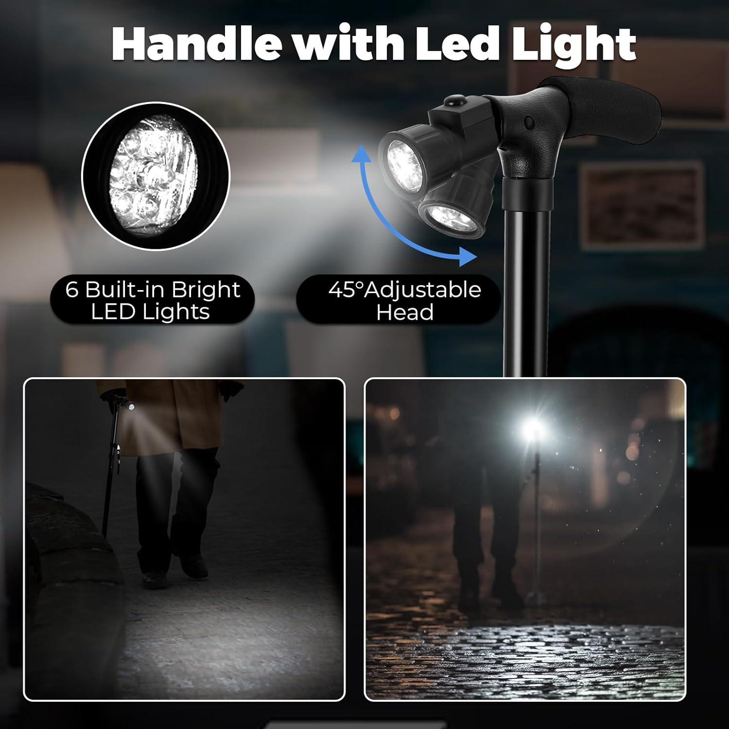Portable Folding Walking Stick with Led Light & Aluminium Handle For Adults or old Peoples Black - Image 2