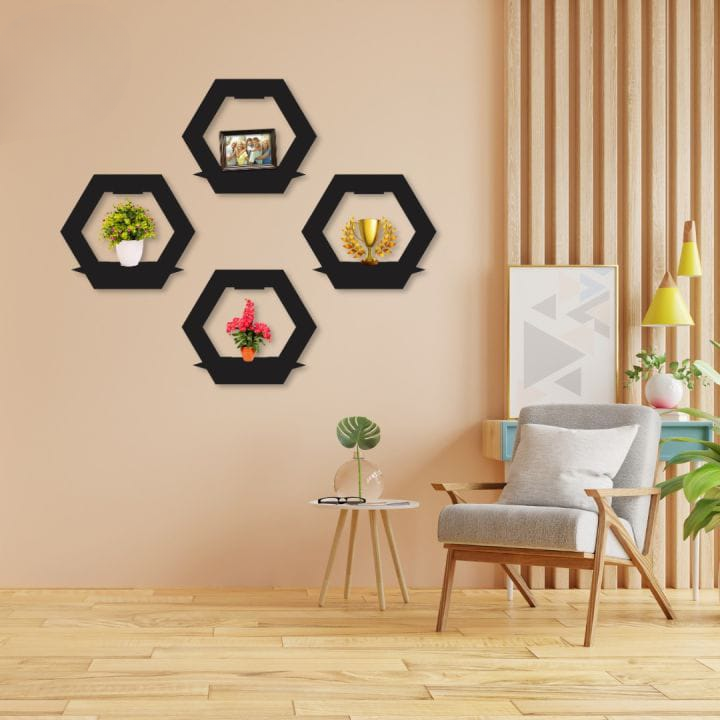 (3 pcs set ) Hexagon Shape 3D Wooden Wall Shelf - Image 2