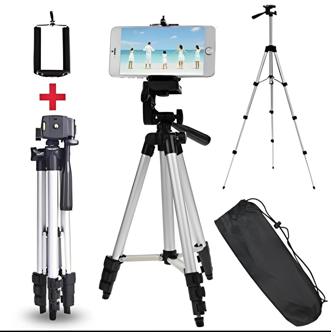 Pack Of 03 3.5 Feet Adjustable Tripod Stand for Mobile Phones and Cameras with Mobile Holder, Portable DSLR Stand for Vlogging, Universal Silver Model 3110 and Bag - Image 2