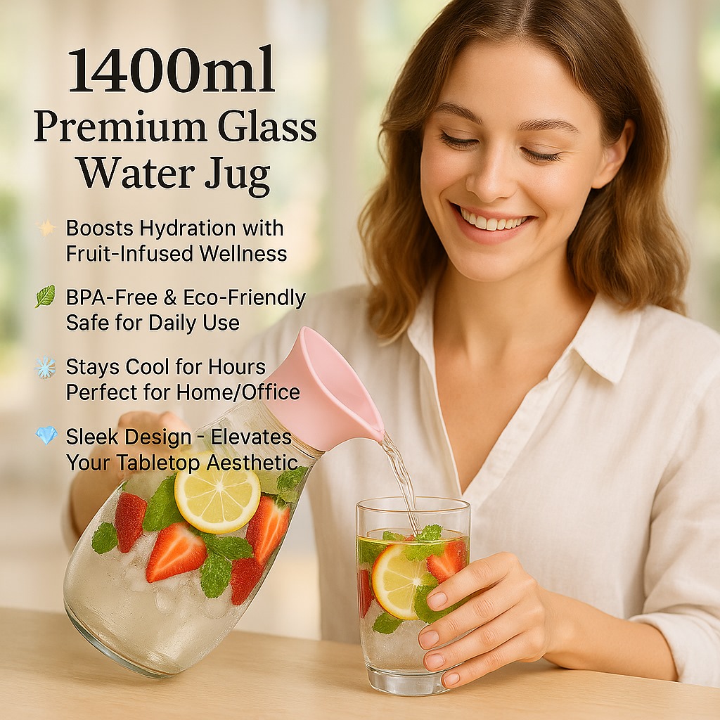 1400ml Hard Glass Water Jug with Lid Heat-Resistant Pitcher for Water, Juice, Iced Tea, Milk & Beverages - Image 3