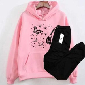 New Arrival Moon & Star Printed Pink Hoodie with Black Trouser Tracksuit for Women & Girls