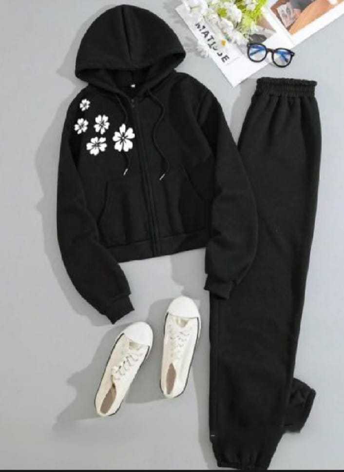 New Arrival Zipper Black Hoodie & Black Trouser Tracksuit with Cute Shoulder Flower Print for Women & Girls - Image 3