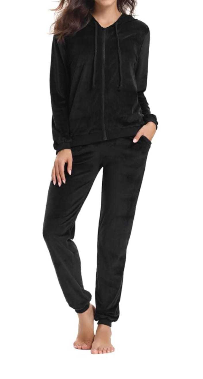 New Arrival Zipper Black Hoodie & Black Trouser Tracksuit with Cute Shoulder Flower Print for Women & Girls - Image 2