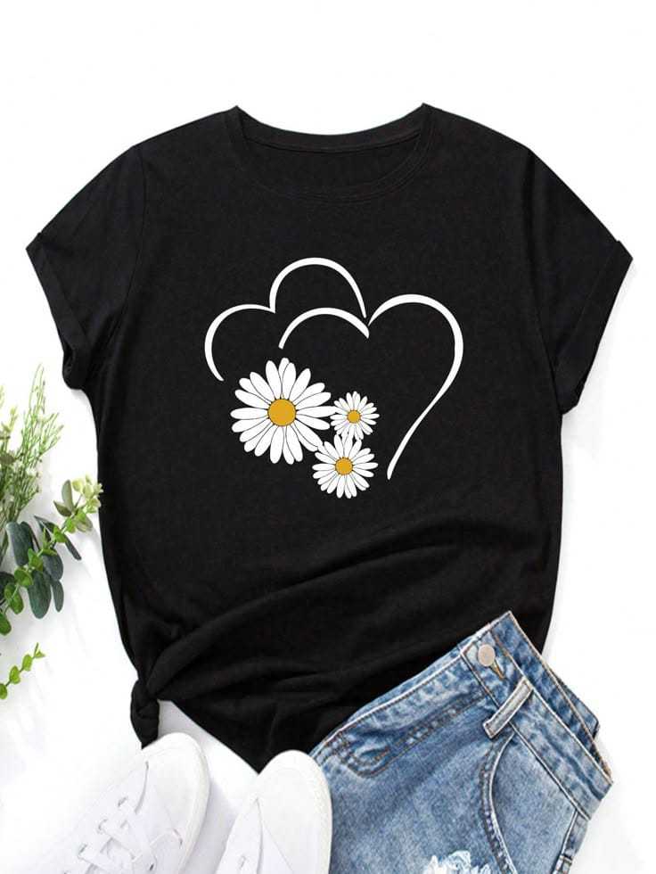 Cute Flower & Heart Printed T-Shirt for Women – Soft Casual Summer Graphic Tee - Image 4