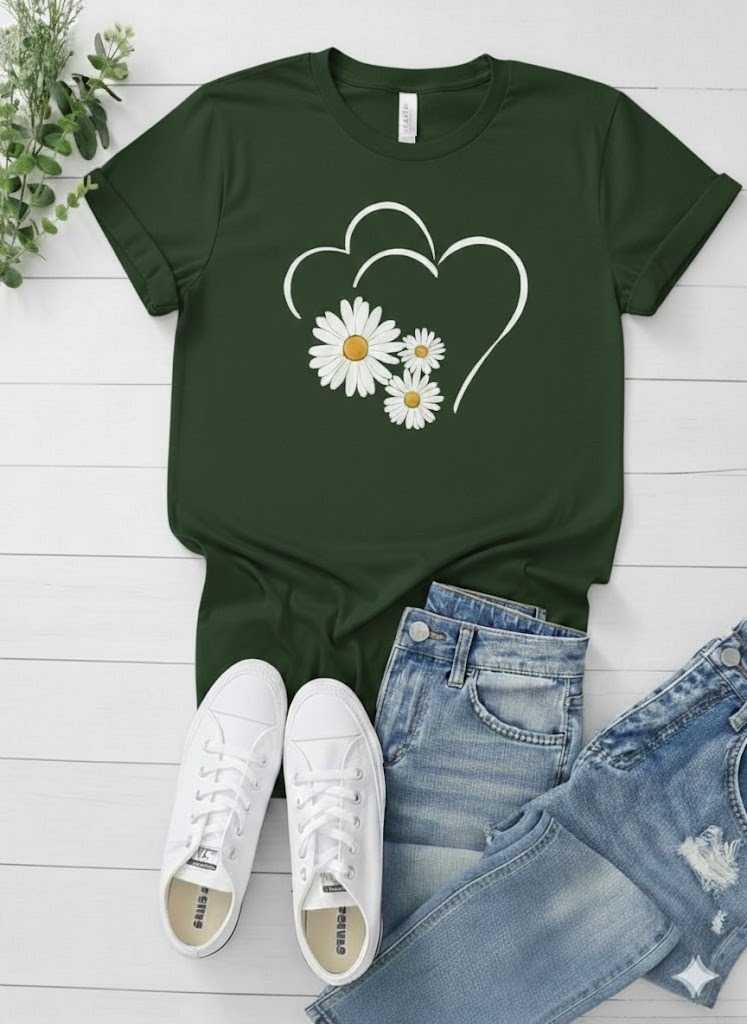 Cute Flower & Heart Printed T-Shirt for Women – Soft Casual Summer Graphic Tee - Image 3