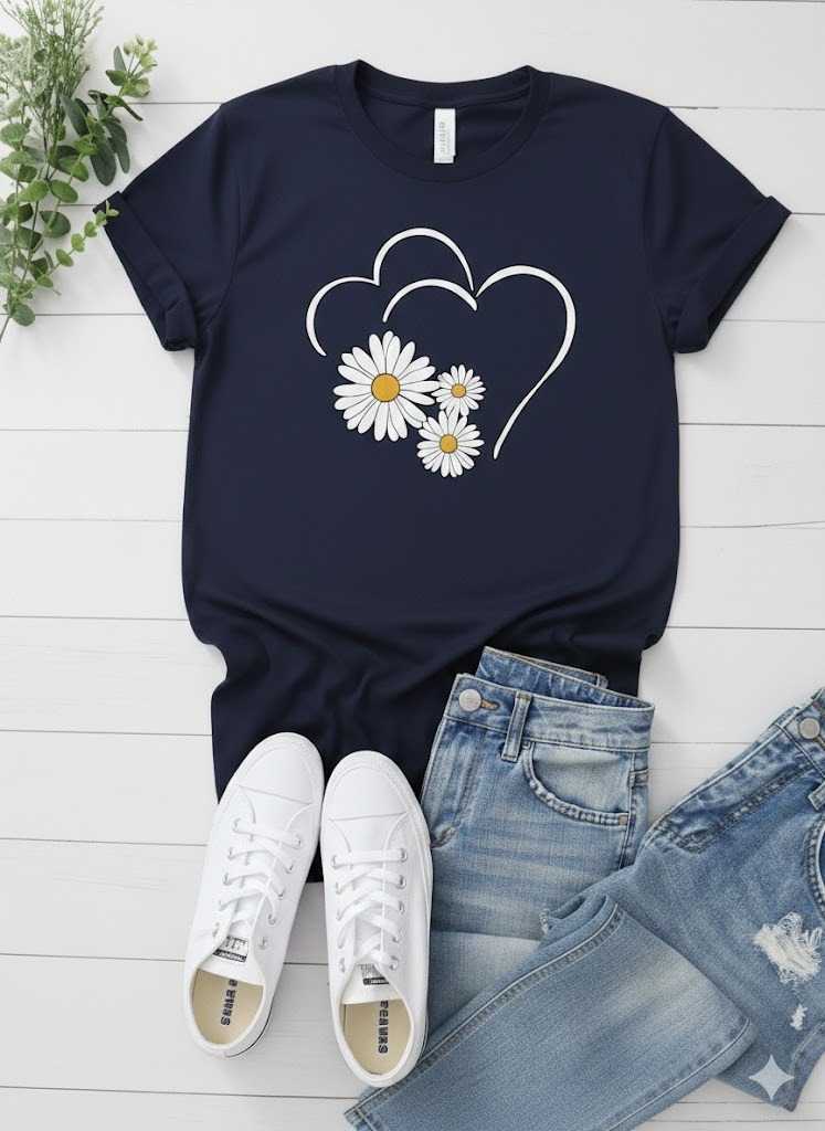 Cute Flower & Heart Printed T-Shirt for Women – Soft Casual Summer Graphic Tee - Image 2