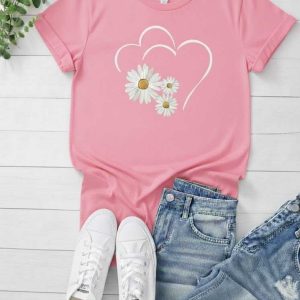 Cute Flower & Heart Printed T-Shirt for Women – Soft Casual Summer Graphic Tee