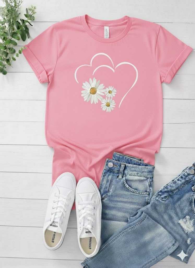 Cute Flower & Heart Printed T-Shirt for Women – Soft Casual Summer Graphic Tee