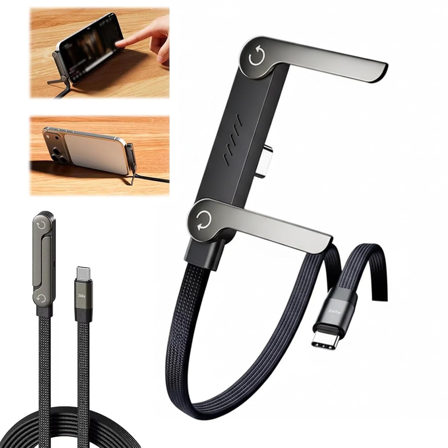 240W 2-in-1 USB-C to C Fast Charging Cable With Foldable Bracket - Image 2