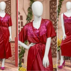 2 Pcs Luxury Satin & Lace Robe Nighty Set  Sensual Silk Gown for Women SKU R-003 Free Size