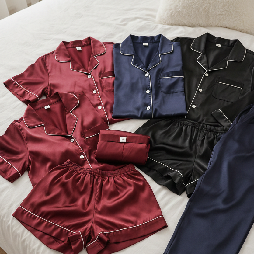 Couple Night Suit / Silk Satin Sleepwear Set Short & Long Style Combo (4 Pcs) | SKU: DC-C009 - Image 2