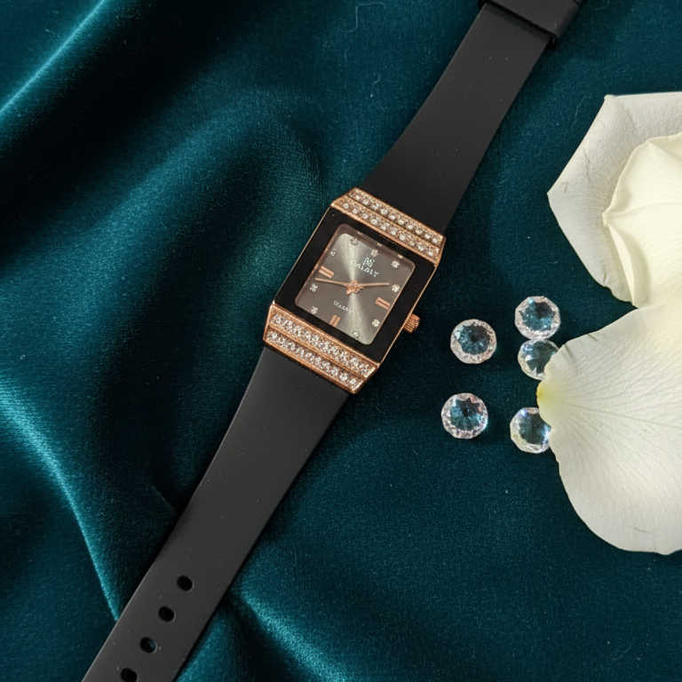Midnight Elegance Rectangular Rose Gold & Crystal Statement Watch - Image 3