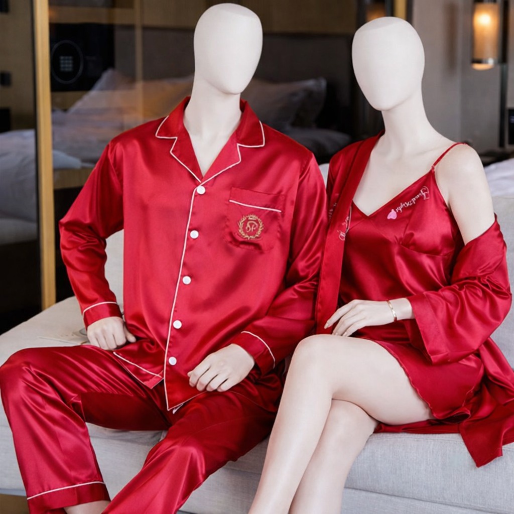 Couple Night Dress Silk Sleepwear Set 4-Piece Pajama & Robe Set | SKU: DC-C012 - Image 2