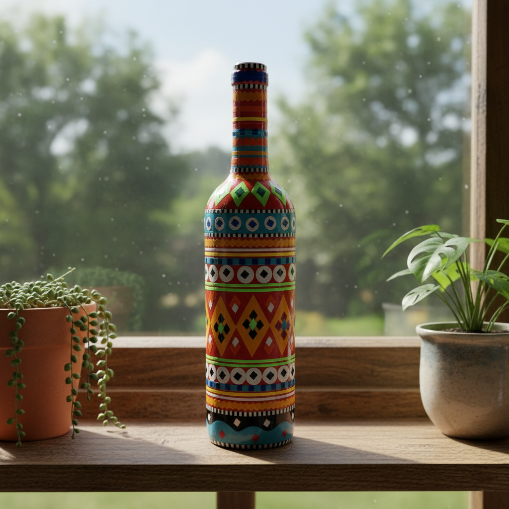 Traditional Truck Art Decorative Glass Bottle Vase Handcrafted Multicolor Home Decor (750ml) - Image 3