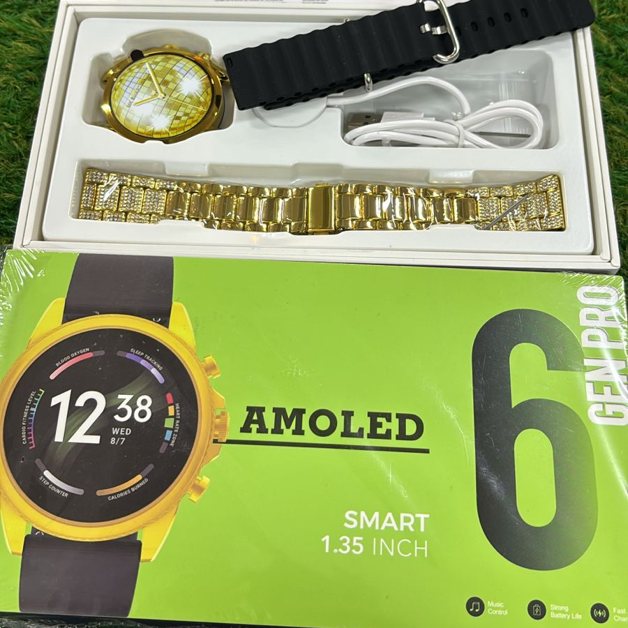GEN PRO 6 AMOLED Smartwatch Display with Dual Straps (Silicone + Golden Metal Strap) - Image 2
