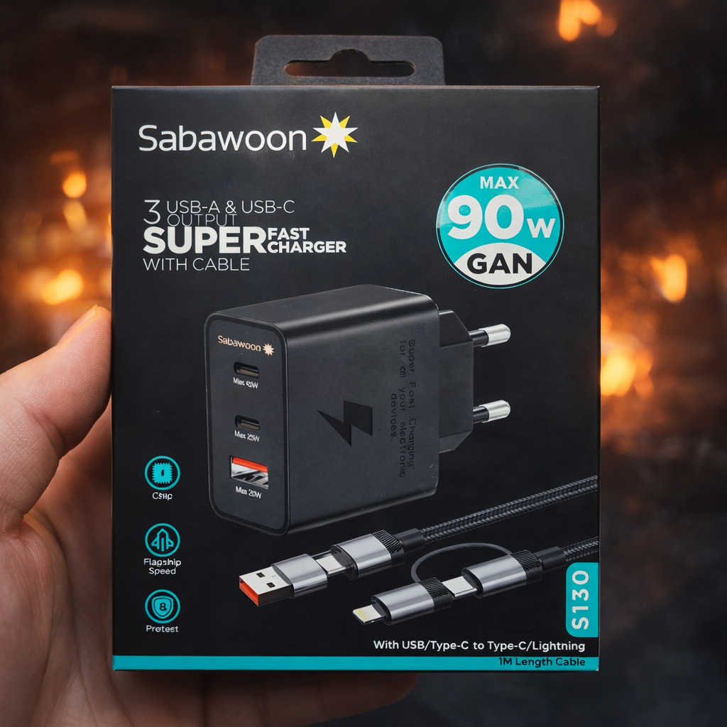 Sabawoon S130 90W GaN Super Fast Charger 3 Port USB & Type-C Fast Charging Adapter with Cable