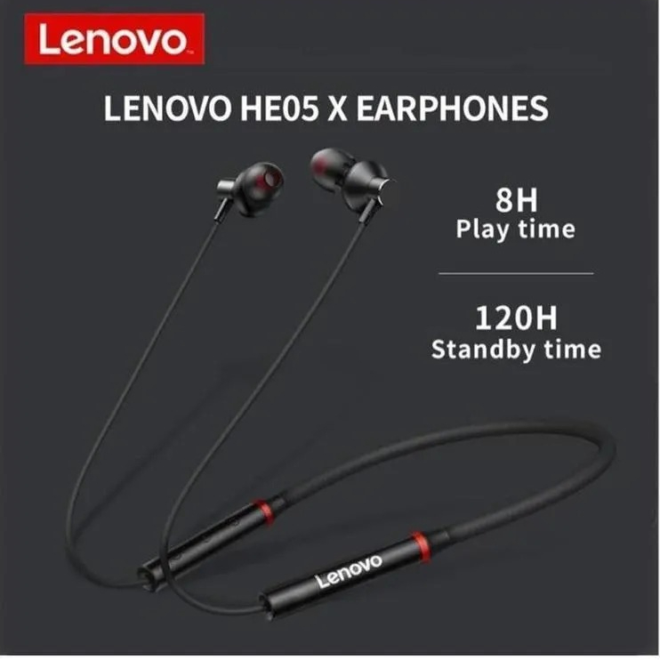 Lenovo HE05X Bluetooth 5.0 Magnetic Neckband Earphones with Mic 8 Hours Playtime, Sweatproof Sports Headset