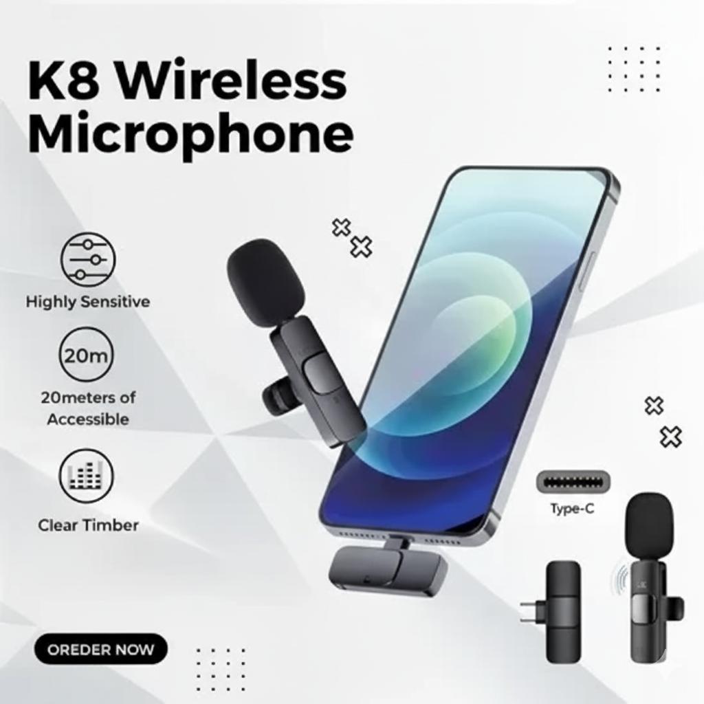 K8 Wireless Collar Microphone ?? Type-C Android Supported | Noise Reduction | Vlogging, YouTube & Podcast Mic - Image 2