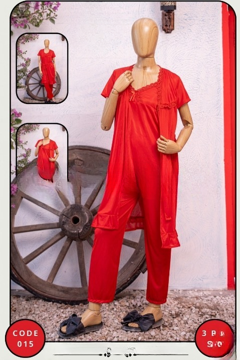 Luxury Silk 3-Piece Nightwear Set for Women Free Size Premium Satin Robe & Pajama Suit (SKU: R-015) - Image 3