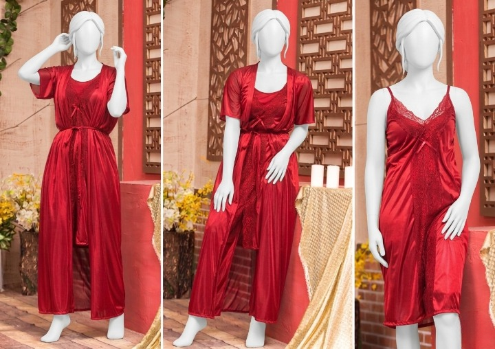 3 Pcs Premium Silk Nightwear Set With Lace - Image 2