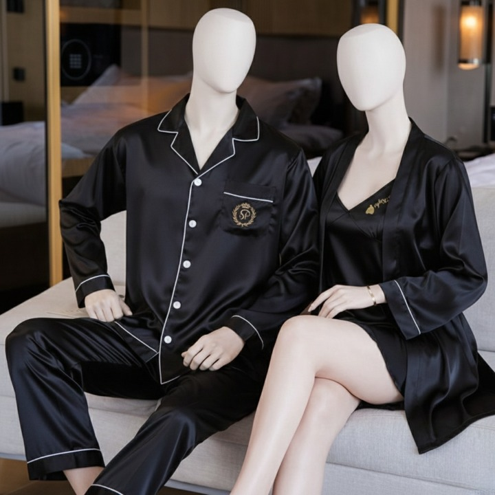 Couple Night Dress Silk Sleepwear Set 4-Piece Pajama & Robe Set | SKU: DC-C012
