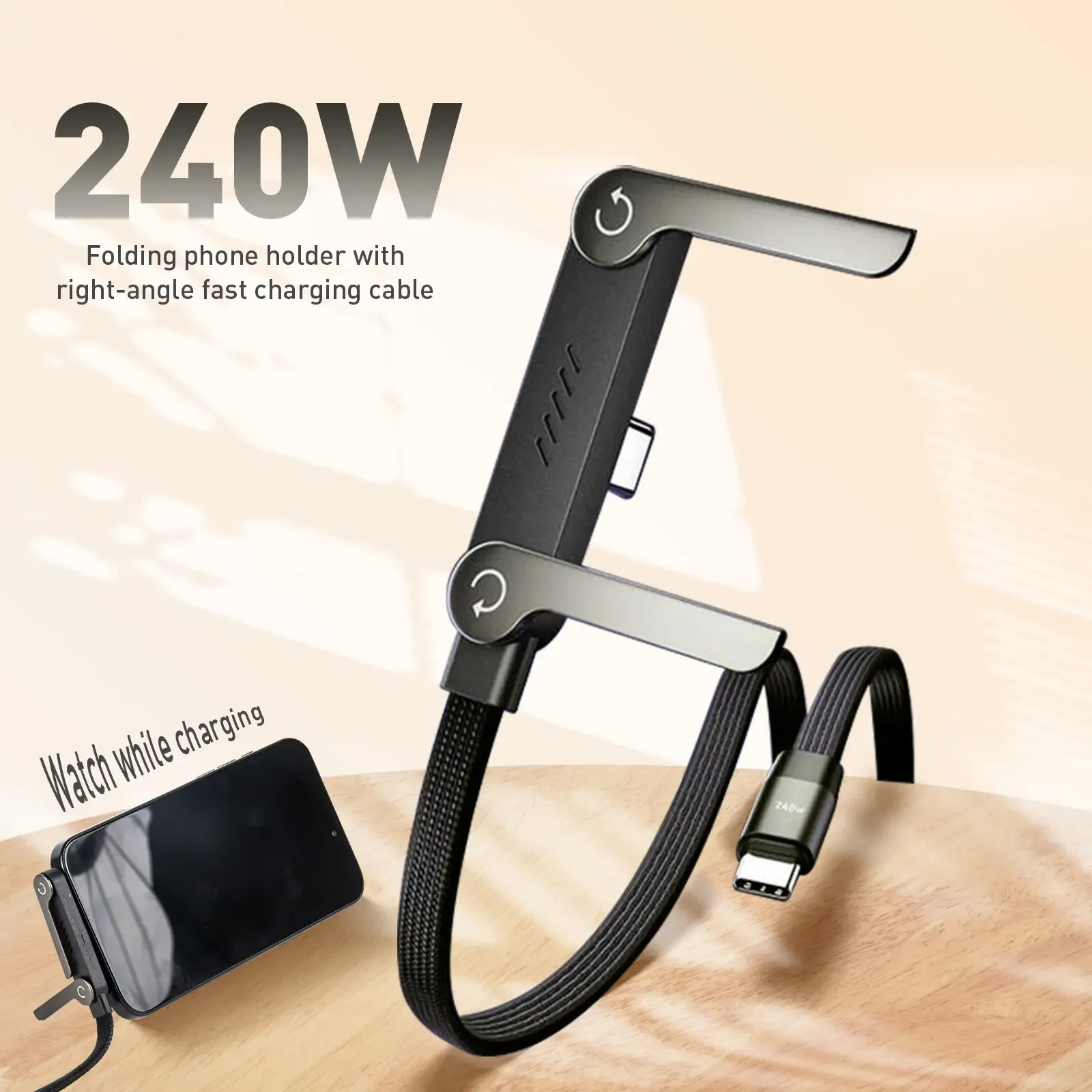 240W 2-in-1 USB-C to C Fast Charging Cable With Foldable Bracket - Image 4