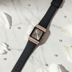 Midnight Elegance Rectangular Rose Gold & Crystal Statement Watch