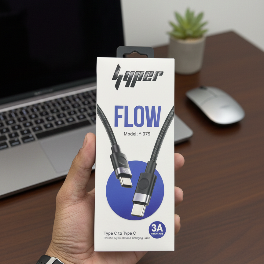 Hyper FLOW Type-C to Type-C Fast Charging Cable | Model Y-079 | 3A Nylon Braided - Image 2